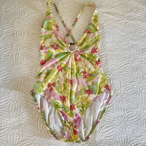 Into The Bleu Floral One Piece Swimsuit Tropical Pink Yellow Green Womens Large